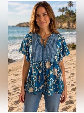 NBW Knox Rose Blue Boho Floral Short Sleeve Peasant Top Sz L
